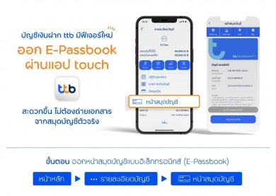 ทีทีบี เพิ่มฟีเจอร์ใหม่ ออกหน้าสมุดบัญชีแบบอิเล็กทรอนิกส์ ผ่านแอป ทีทีบี ทัช