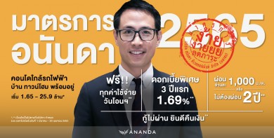 อนันดาฯ ประกาศ “มาตรการอนันดาฯ 2565” ลดภาระค่าใช้จ่ายให้ลูกค้าดอกเบี้ยพิเศษ 3 ปีแรก 1.69 % ผ่อนล้านละ 1,000 บ./เดือน