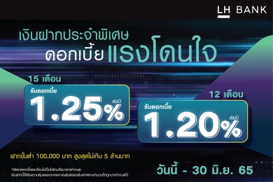 LH Bank ออกเงินฝากประจำพิเศษ ชูดอกเบี้ยแรง 15 เดือน ดอกเบี้ย 1.25% และ12 เดือน ดอกเบี้ย 1.20%