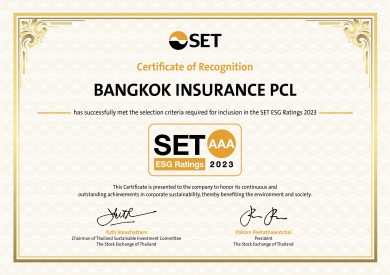 กรุงเทพประกันภัย ได้รับคะแนนสูงสุดระดับ AAA จากผลประเมินหุ้นยั่งยืน SET ESG Ratings ประจำปี 2566