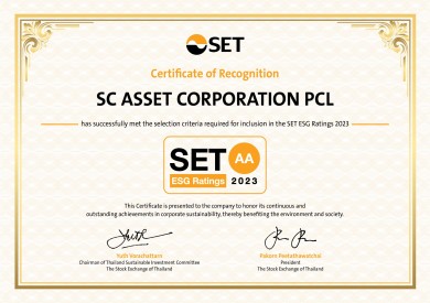 SC Asset ได้รับการประเมินหุ้นยั่งยืน SET ESG Rating ระดับ AA ต่อเนื่องเป็นปีที่ 2