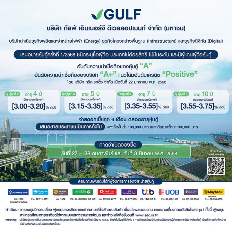 GULF เตรียมเสนอขายหุ้นกู้เรทติ้ง “A” แก่ประชาชนทั่วไป ปลายเดือนก.พ.68