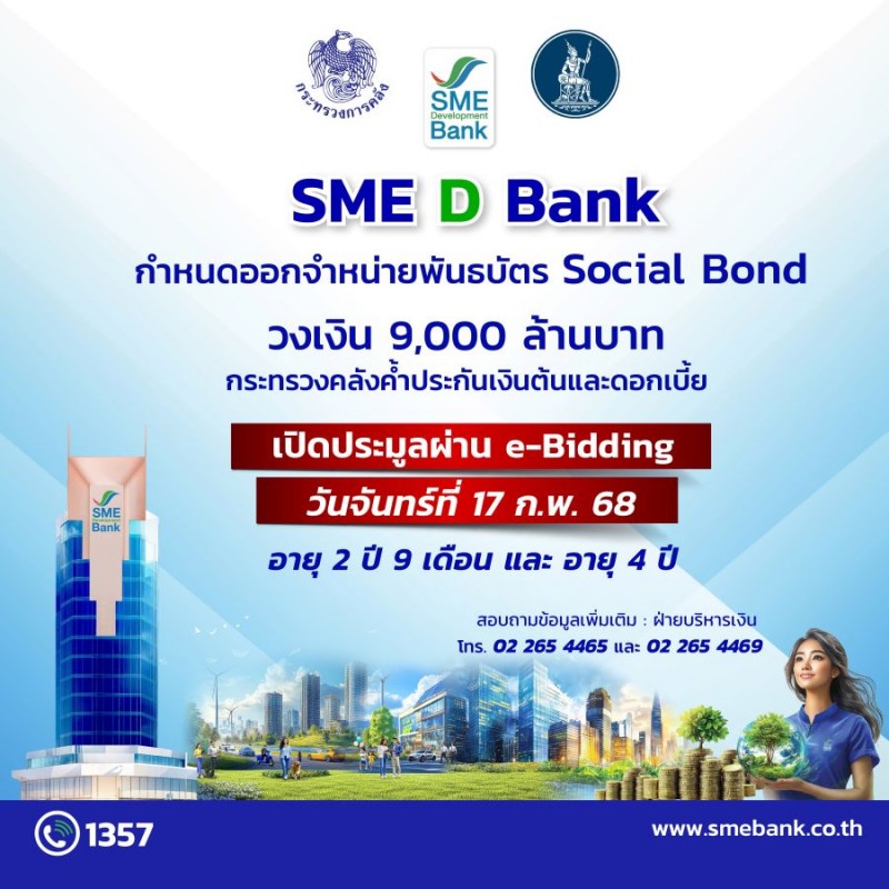 SME D Bank กำหนด 17 ก.พ. ออกจำหน่ายพันธบัตร Social Bond วงเงิน 9,000 ลบ.